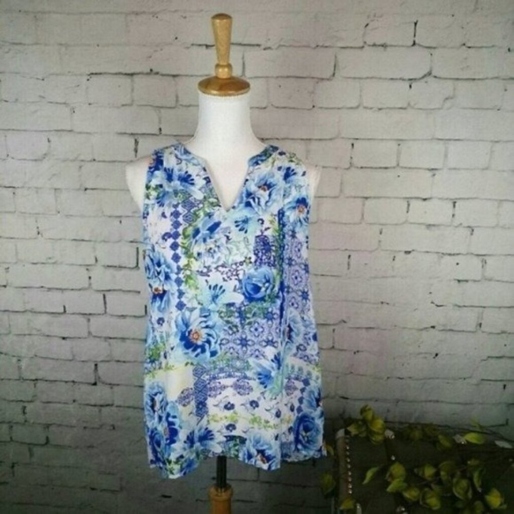 Fleur Bleue Floral Sleeveless Top Blue Small